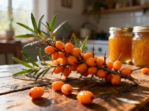 Zakurzona butelka oleju na drewnianym blacie w kuchni, ilustrująca temat przechowywania produktów spożywczych.