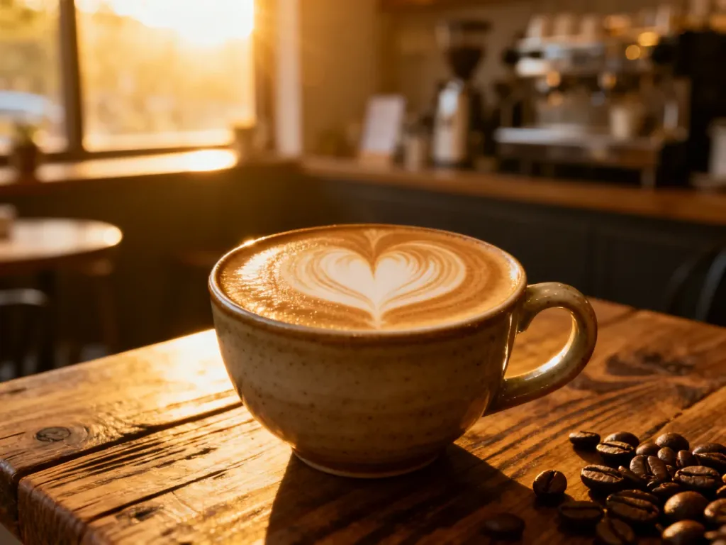 Filiżanka cappuccino z serduszkiem z pianki na drewnianym stole w przytulnej kawiarni.