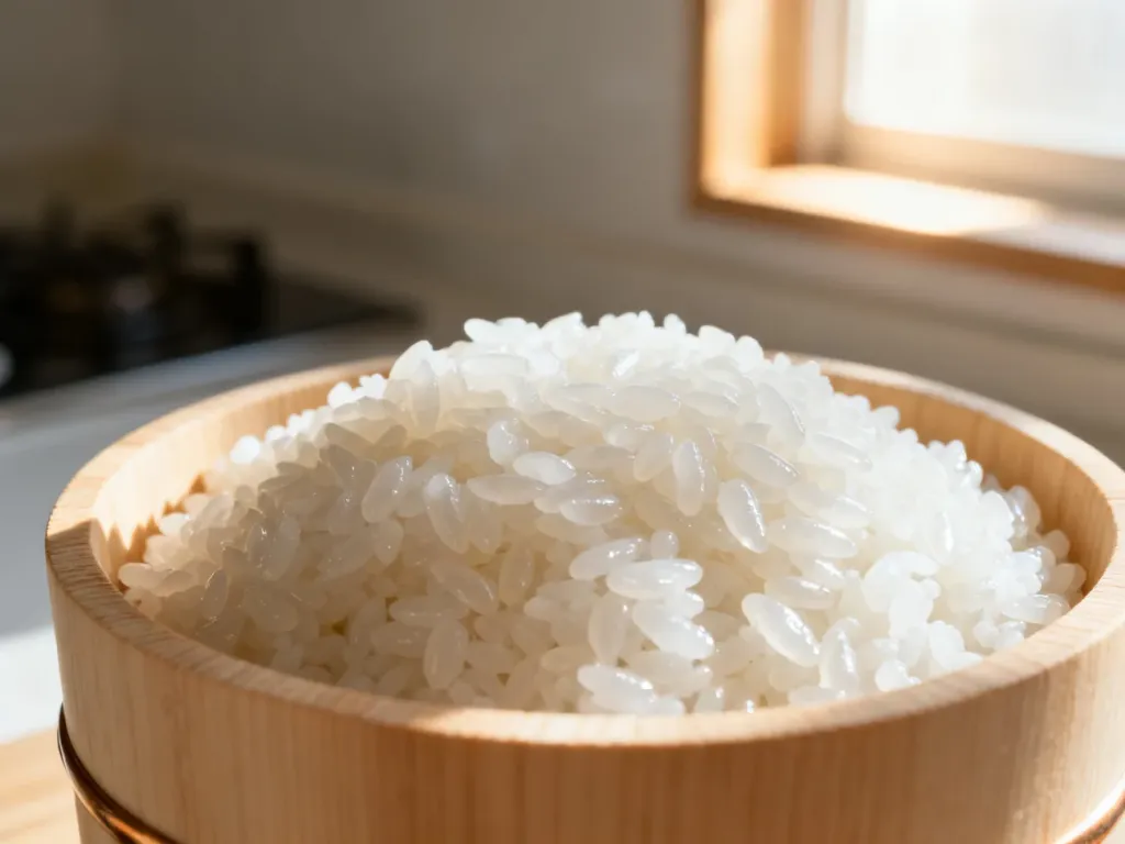 Idealnie ugotowany, błyszczący ryż do sushi w tradycyjnej drewnianej misce hangiri.