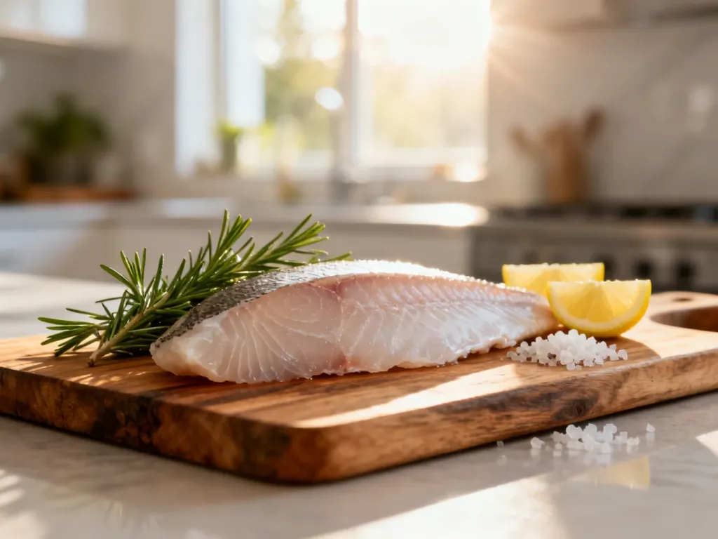 Surowy filet z halibuta na drewnianej desce z rozmarynem, cytryną i solą morską w jasnej, nowoczesnej kuchni.