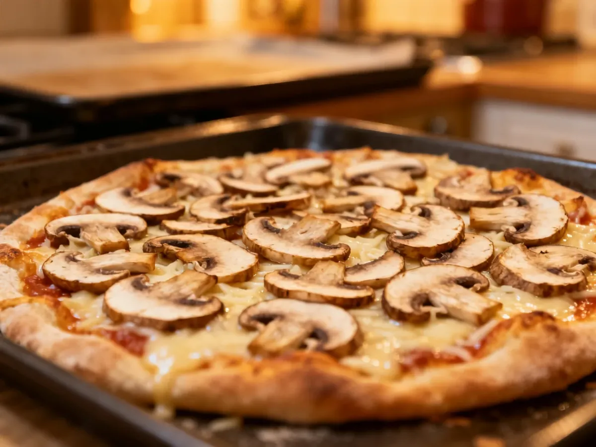 Pizza z cienko rozłożonymi, lekko zrumienionymi pieczarkami