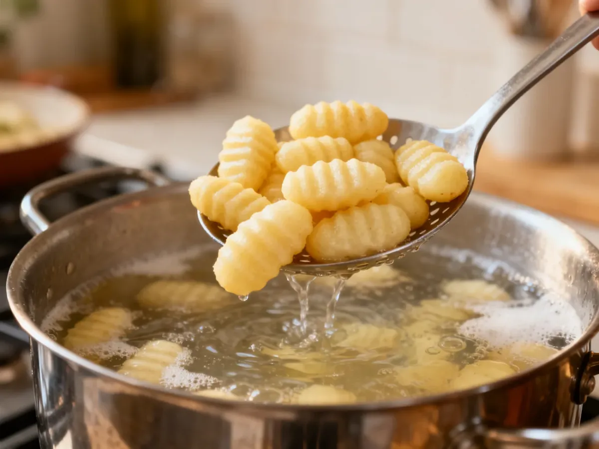 Świeżo ugotowane gnocchi wyjmowane z garnka łyżką cedzakową