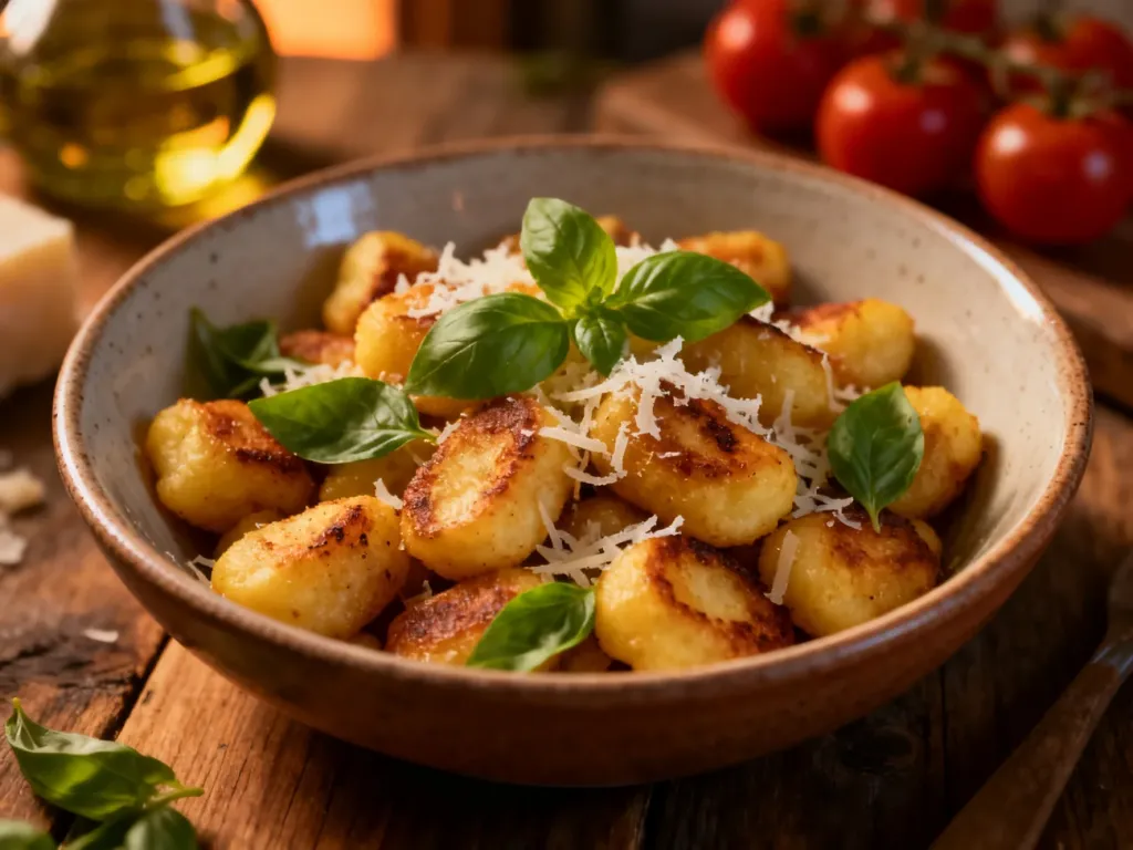 Złociste gnocchi z patelni posypane parmezanem i świeżą bazylią w ceramicznej misce na drewnianym stole.