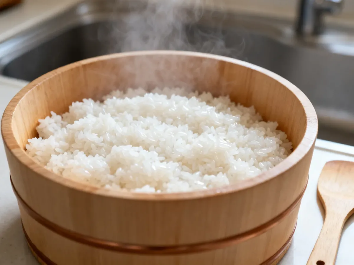 Świeżo przygotowany, lekko błyszczący ryż do sushi w drewnianej misce
