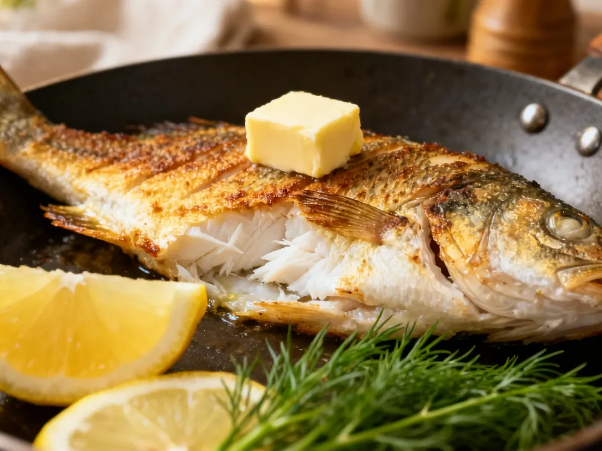 Usmażony filet z sandacza z chrupiącą skórką, cytryną i koperkiem