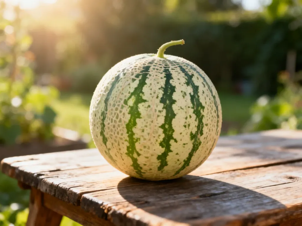 Dojrzały melon Little Planet z charakterystyczną wzorzystą skórką, spoczywający na rustykalnym drewnianym stole.