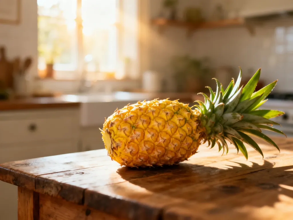 Dojrzały ananas o złocistej skórce i zielonych liściach na drewnianym stole w słonecznej kuchni.