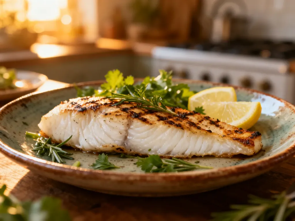 Pieczony filet z amura podany na ceramicznym talerzu z ziołami i cytryną w przytulnej, domowej kuchni.
