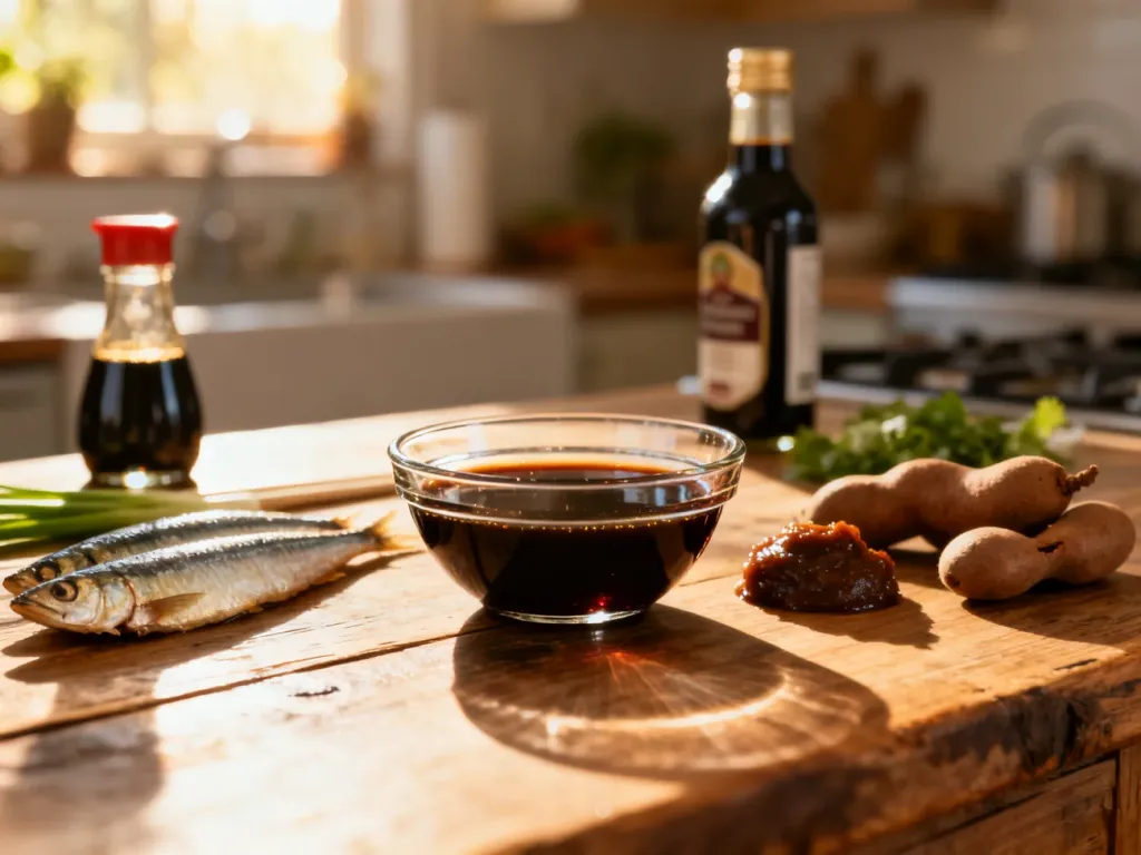 Składniki alternatywne dla sosu Worcestershire, takie jak sos sojowy, ocet balsamiczny i anchois na drewnianym stole.