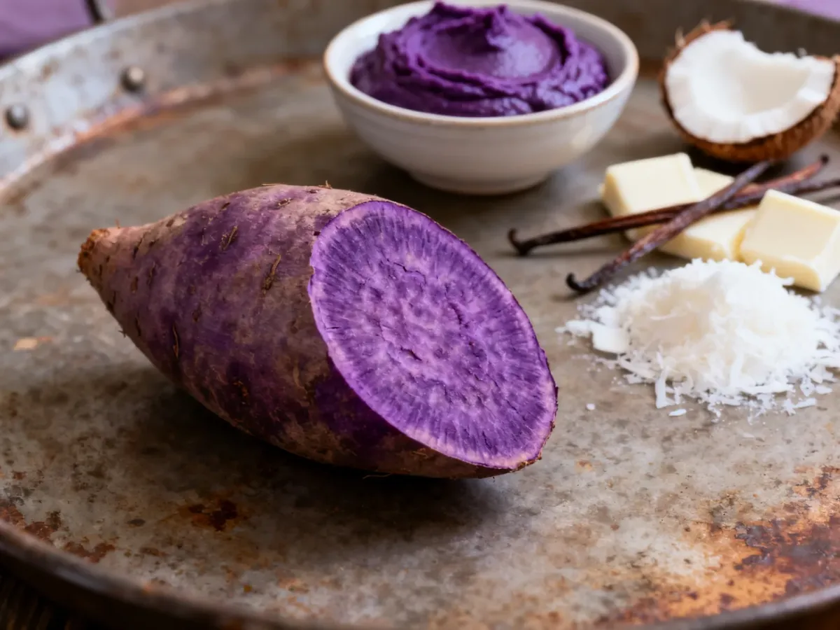 Przekrojona fioletowa bulwa ube z puree i dodatkami deserowymi