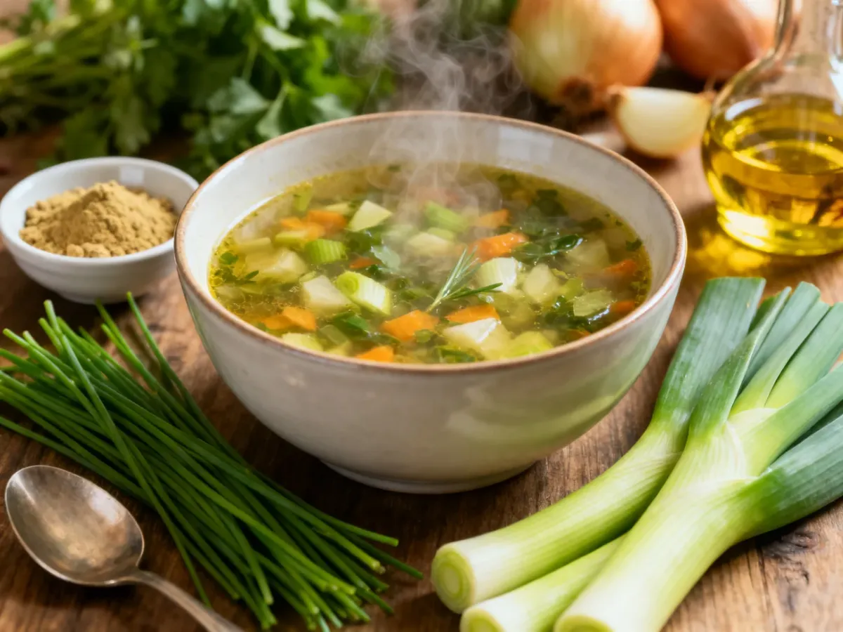 Zamienniki cebuli do diety low FODMAP obok miski zupy