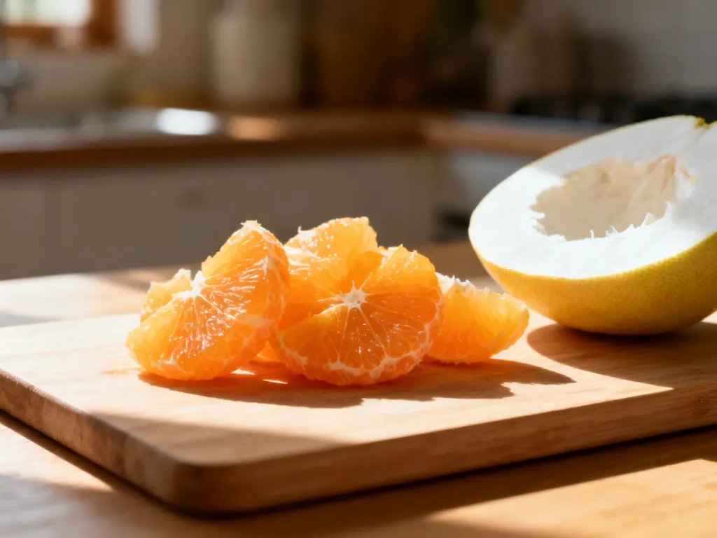 Soczyste cząstki obranego pomelo oraz przekrojony owoc z grubą skórką na drewnianej desce do krojenia.