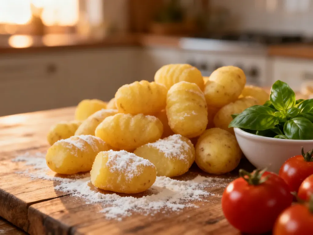 Złociste, domowe gnocchi na drewnianym blacie w otoczeniu świeżej bazylii i pomidorków koktajlowych.