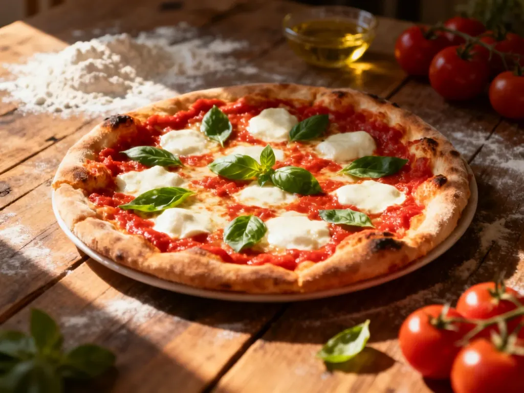Świeżo upieczona pizza neapolitańska z mozzarellą, sosem pomidorowym i bazylią na rustykalnym drewnianym stole.
