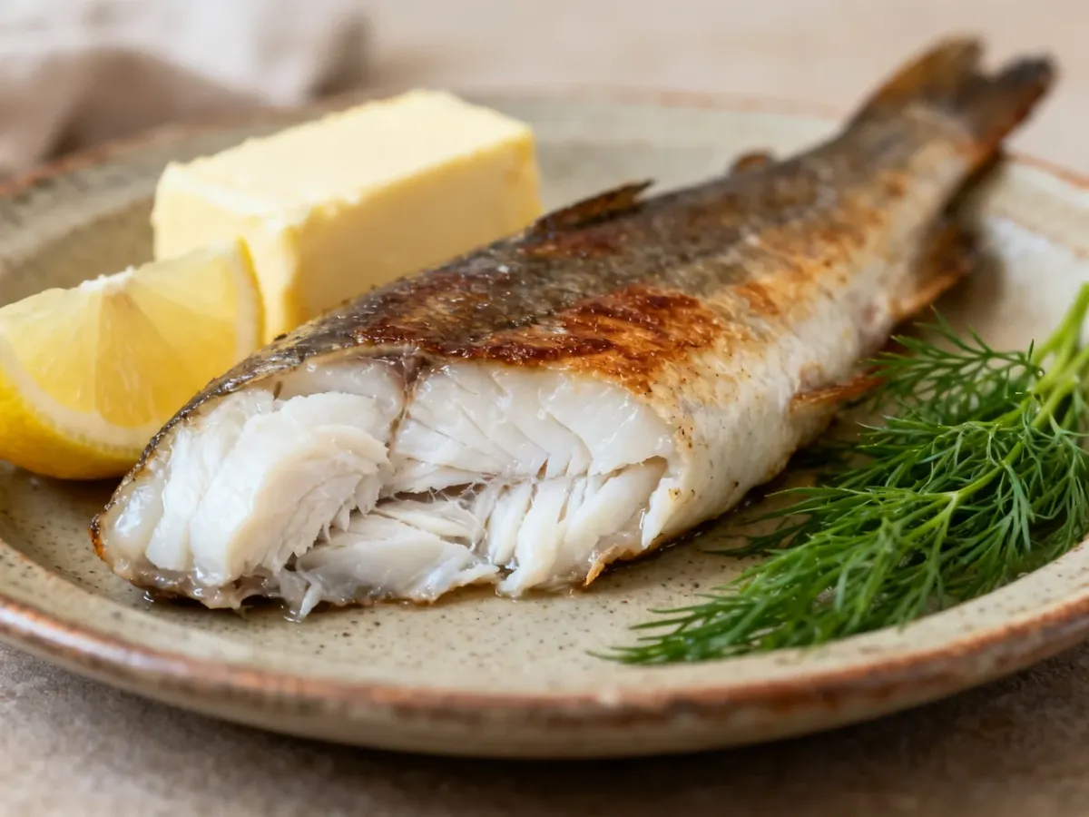 Usmażony filet z miętusa podany z masłem, cytryną i koperkiem
