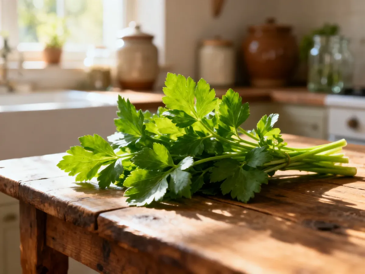 Świeże liście lubczyku ułożone na drewnianym stole, podkreślające naturalną świeżość i aromat zioła.