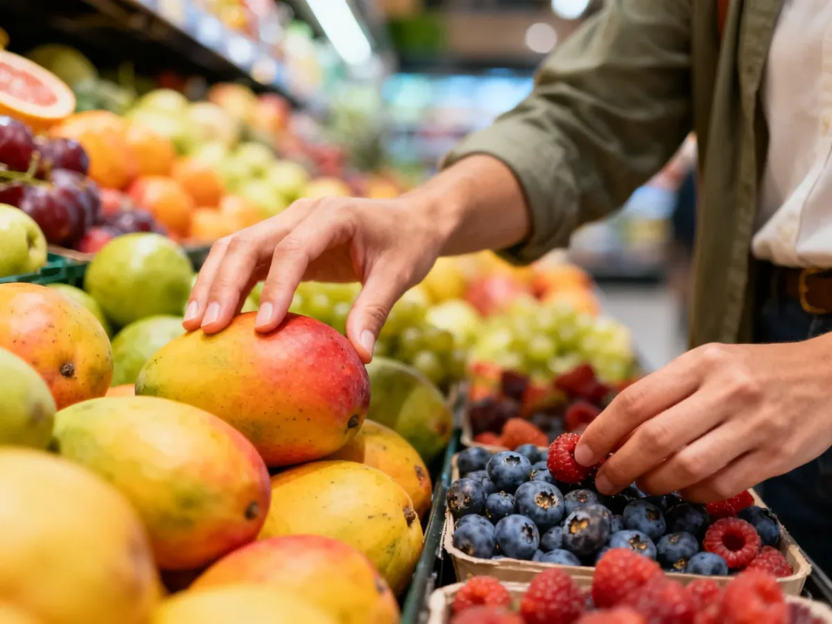 Klient sprawdza świeżość owoców, delikatnie dotykając mango i oglądając owoce jagodowe
