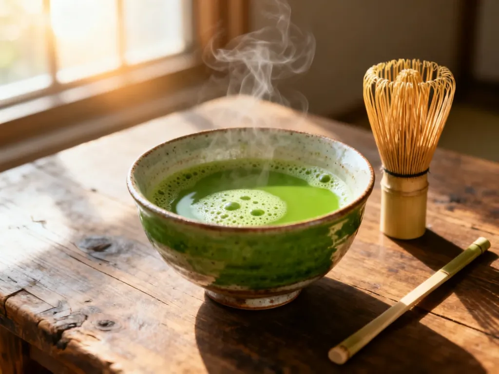 Tradycyjnie przygotowana zielona herbata matcha w ceramicznej czarce z bambusową miotełką na drewnianym stole.