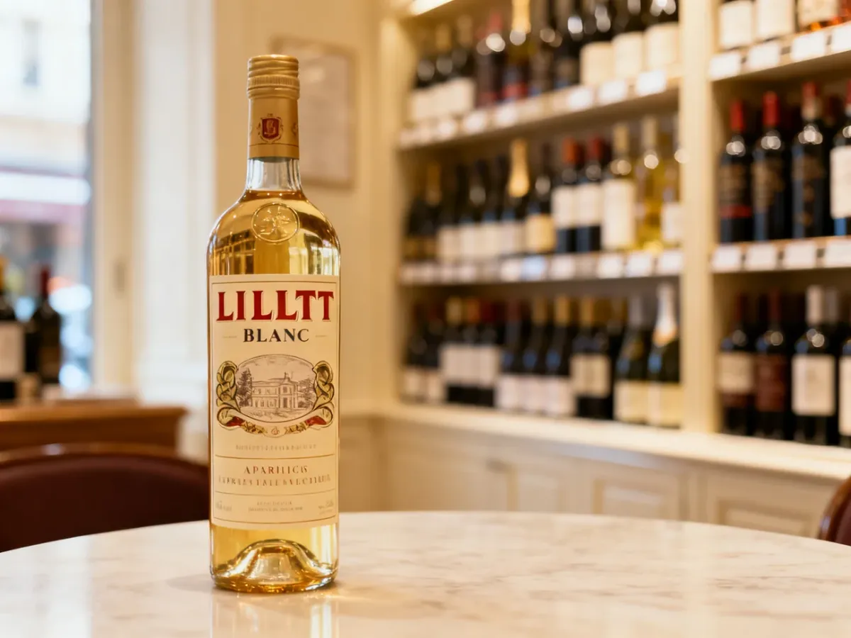 Butelka Lillet Blanc na tle elegancko zaopatrzonego sklepu z alkoholem