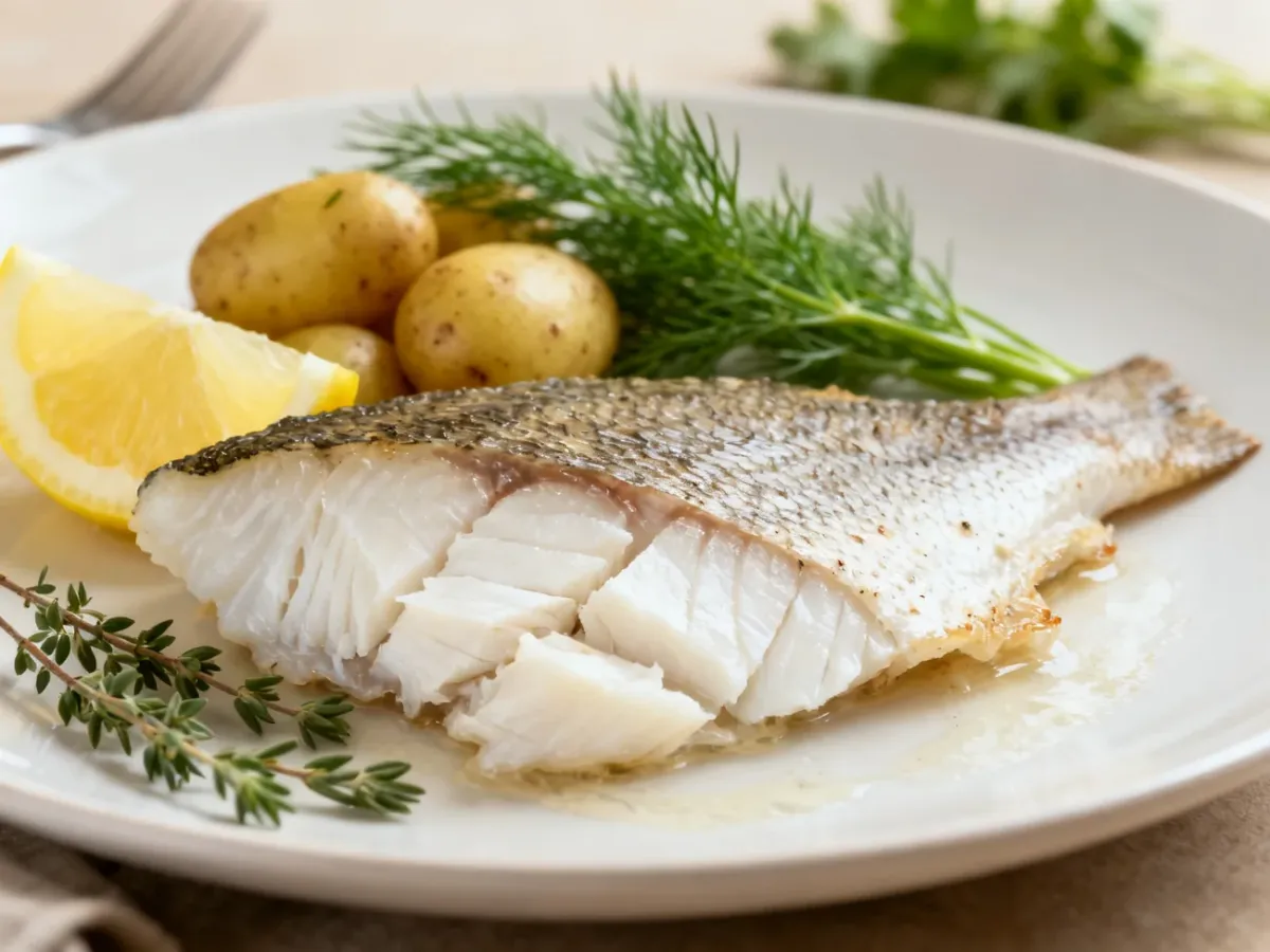 Soczysty filet z halibuta z cytryną, koperkiem i młodymi ziemniakami