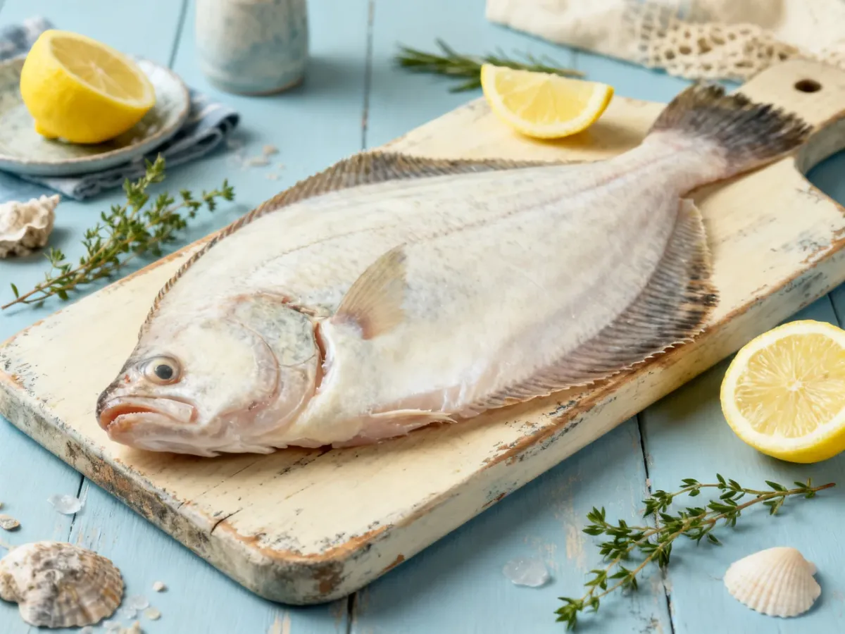 Świeży turbot z cytryną i ziołami na kuchennej desce