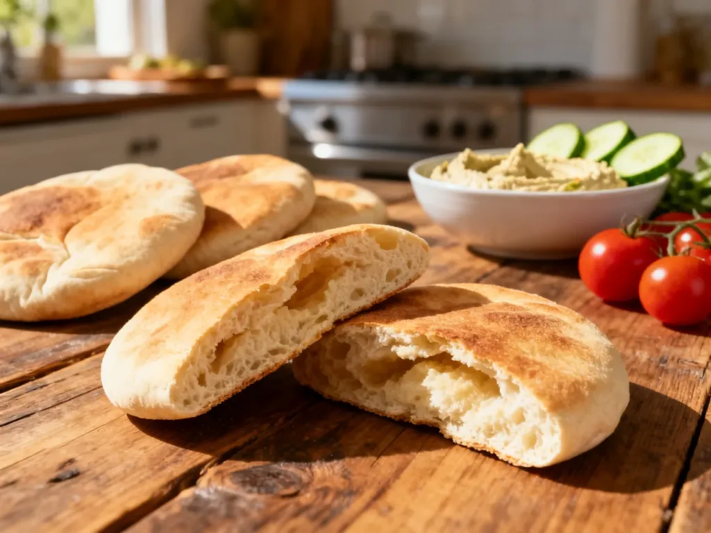 Świeżo upieczony chlebek pita z widocznym puszystym wnętrzem, podany w towarzystwie humusu i świeżych warzyw na drewnianym stole.