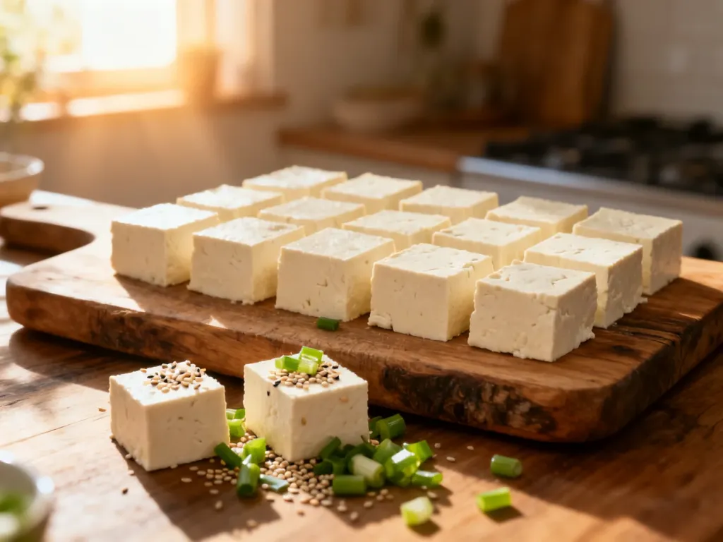 Surowe kostki tofu ułożone na drewnianej desce, posypane sezamem i szczypiorkiem w słonecznej kuchni.