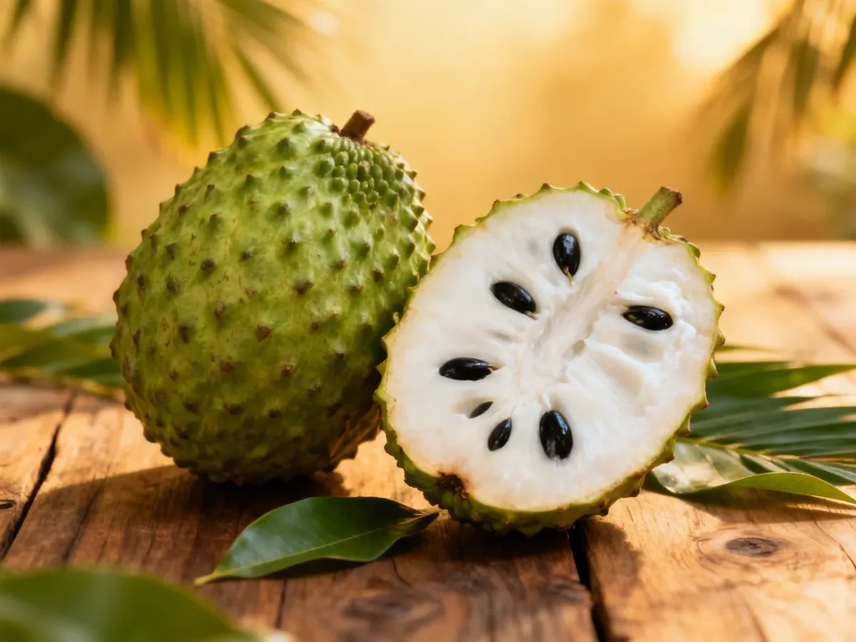 Przekrojona guanabana z kremowym miąższem i czarnymi pestkami obok całego owocu