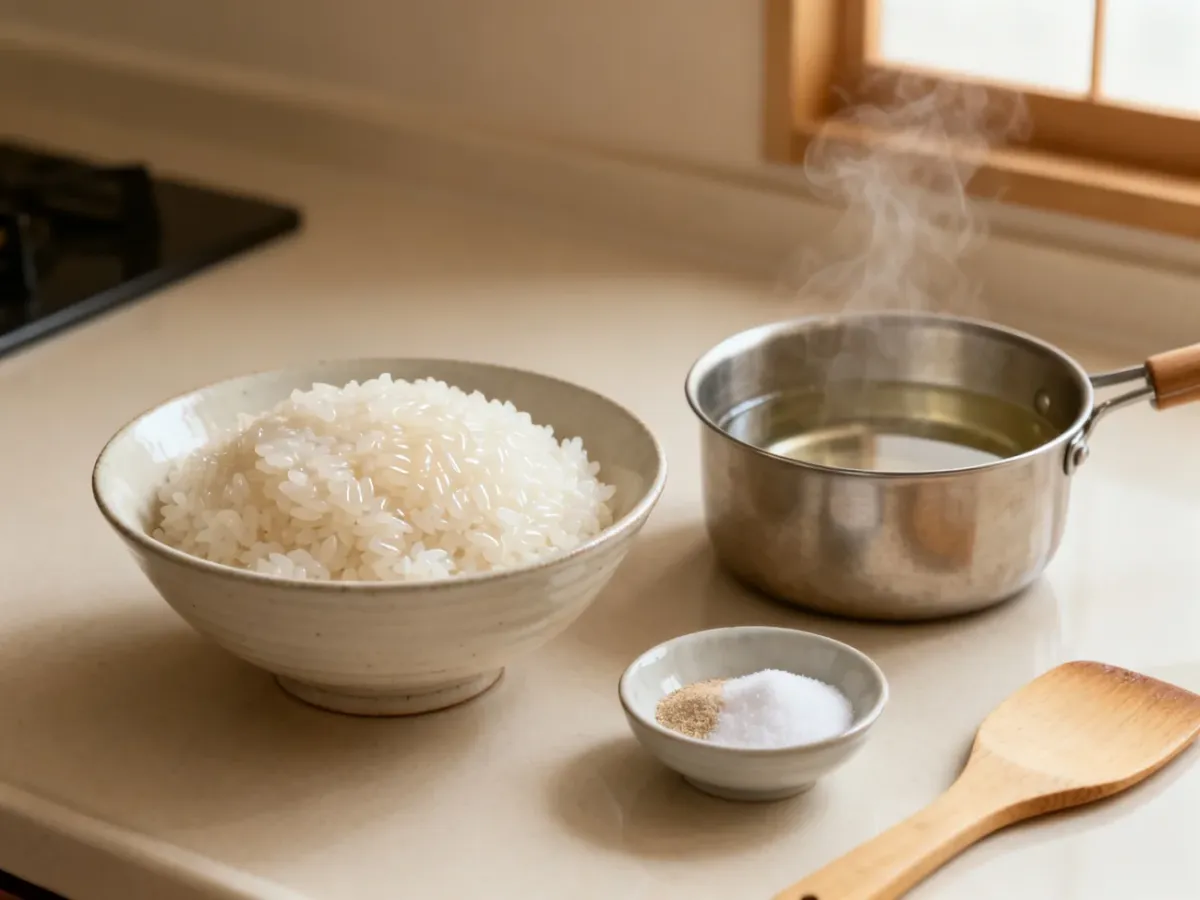 Składniki i ugotowany ryż krótkoziarnisty do sushi na kuchennym blacie