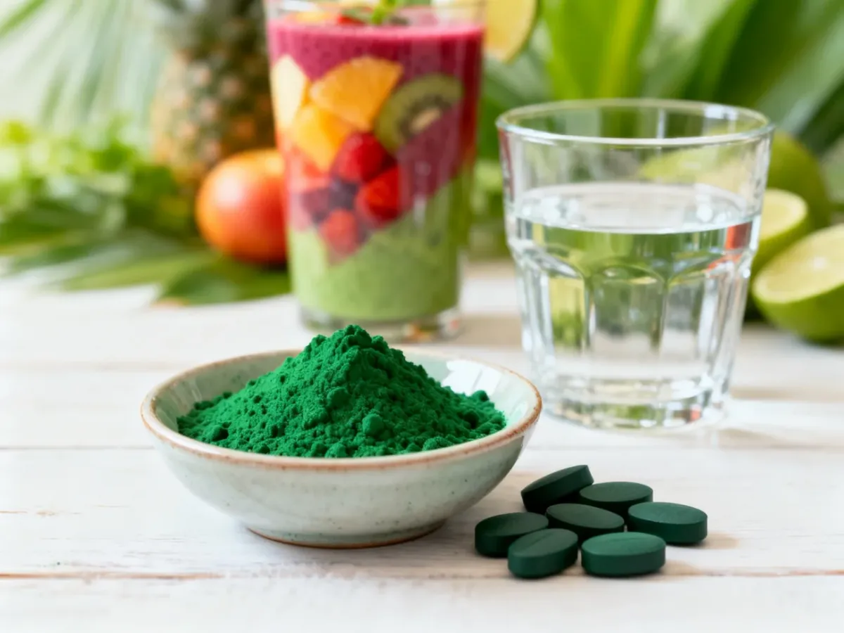 Proszek spiruliny i tabletki spiruliny obok wody oraz owocowego koktajlu