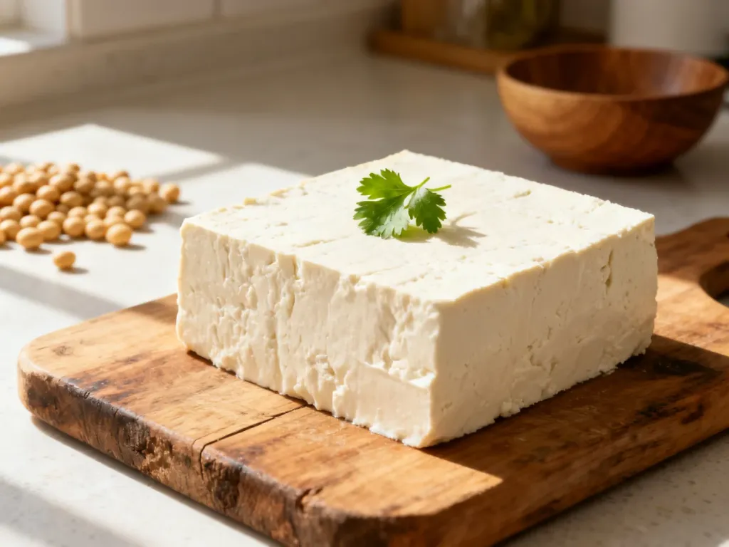 Świeży blok tofu na drewnianej desce do krojenia z gałązką kolendry i ziarnami soi w tle.