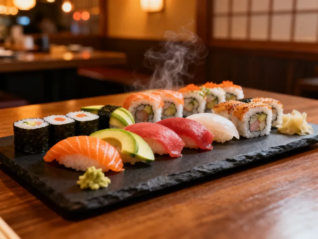Różnorodne rodzaje sushi, w tym nigiri i maki, estetycznie podane na ciemnej kamiennej tacy w restauracji.