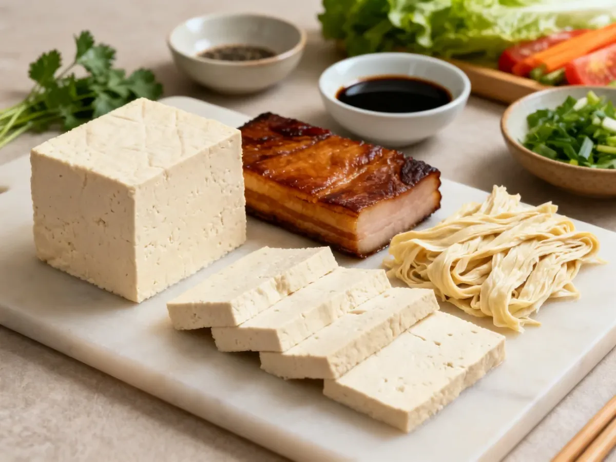 Różne rodzaje tofu z dodatkami w kuchennej aranżacji