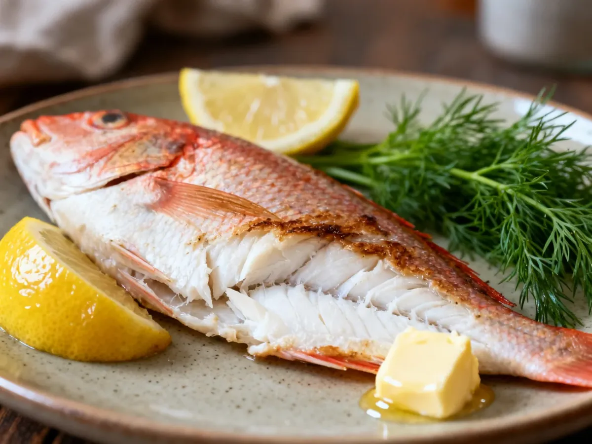Usmażony filet z karmazyna o jasnym mięsie z cytryną, masłem i koperkiem