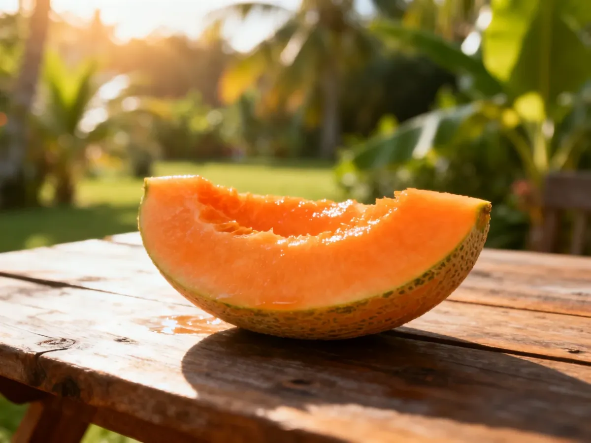 Soczyste plastry dojrzałego melona Waikiki o intensywnie pomarańczowym miąższu na rustykalnym drewnianym stole.