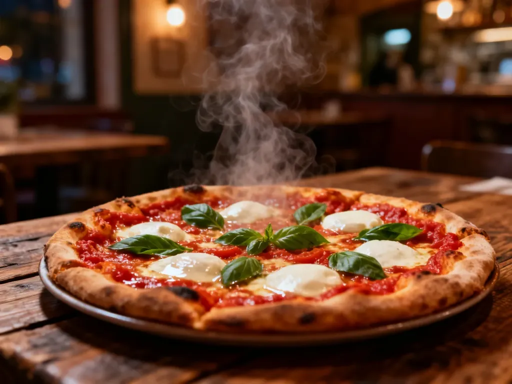 Świeżo upieczona pizza neapolitańska z mozzarellą i bazylią na drewnianym stole w klimatycznej włoskiej pizzerii.