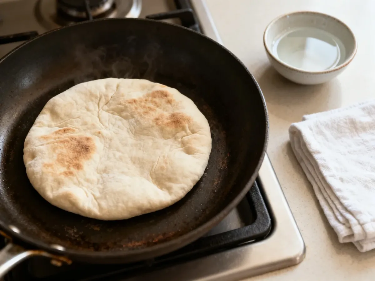 Miękka pita podgrzewana na suchej patelni obok miseczki z wodą i czystej ściereczki