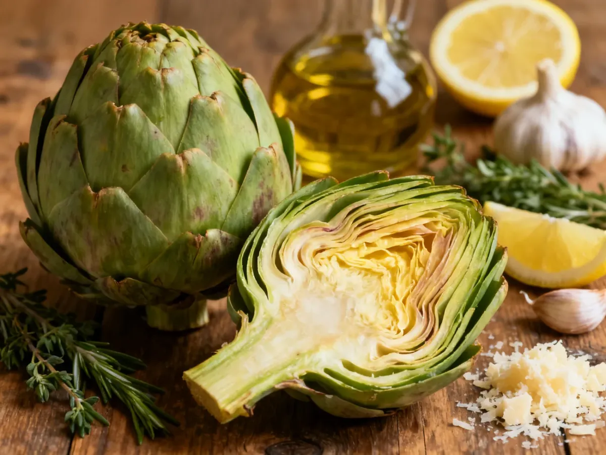 Świeży karczoch przekrojony obok cytryny, oliwy, czosnku, ziół i parmezanu