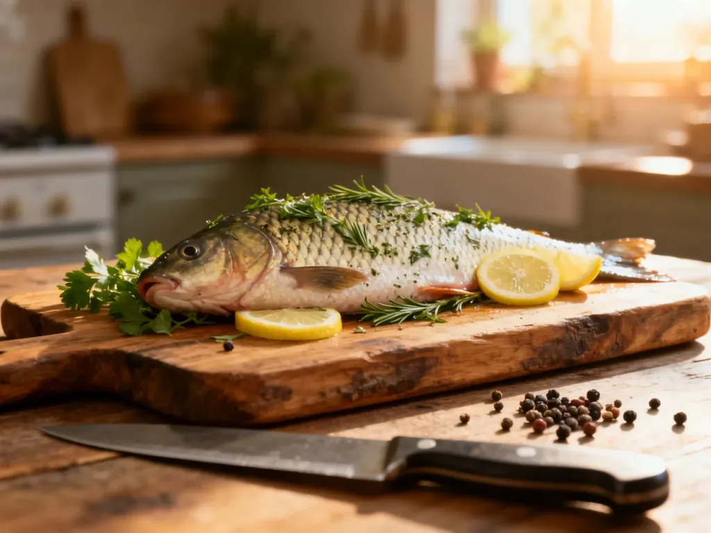 Świeży filet z amura z ziołami i cytryną na drewnianej desce, przygotowany do kulinarnych inspiracji.