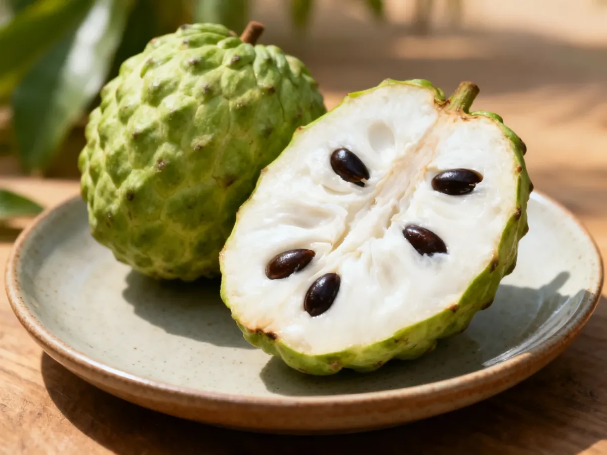 Przekrojona cherimoya z kremowym miąższem i ciemnymi nasionami