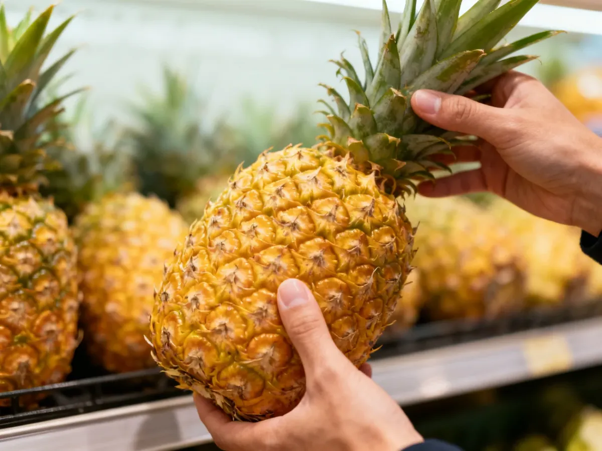 Dojrzały ananas sprawdzany dłonią na stoisku z owocami