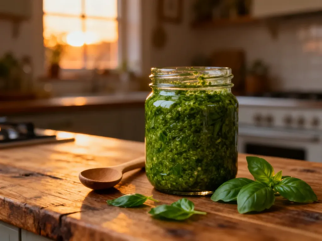 Słoik świeżego zielonego pesto z bazylią na drewnianym blacie, obok którego leży drewniana łyżeczka i listki bazylii.
