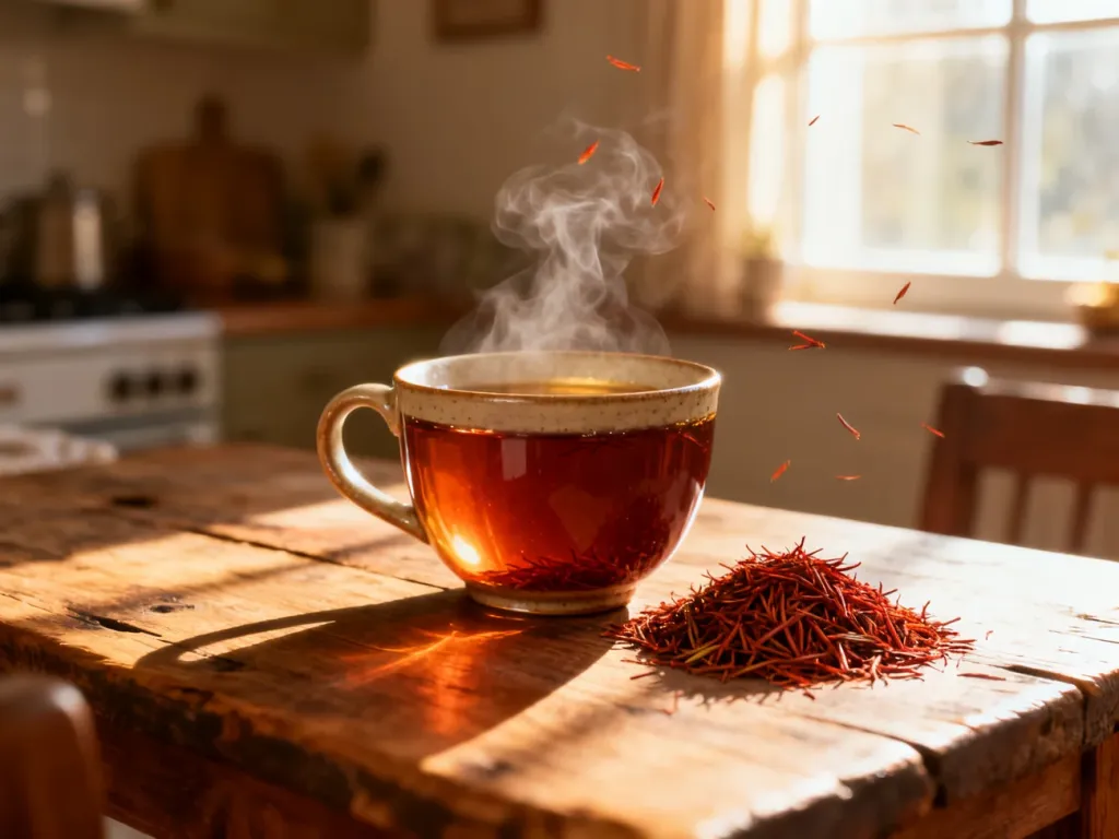 Parująca filiżanka herbaty rooibos o bursztynowej barwie na drewnianym stole, obok której leżą suszone liście naparu.