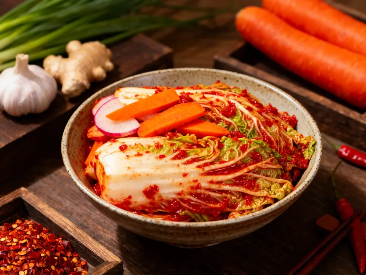 Miska kolorowego kimchi z kapustą pekińską, rzodkwią i marchewką