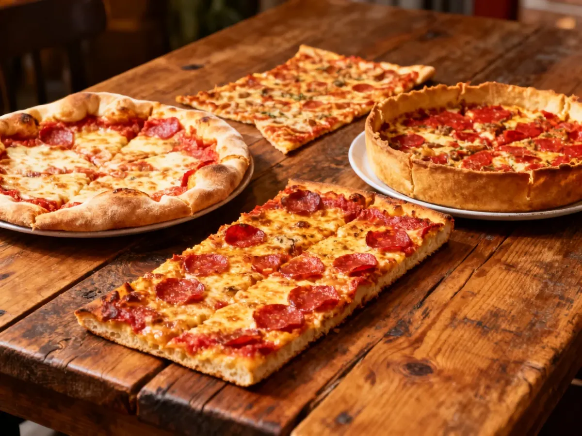 Różne style pizzy włoskiej i amerykańskiej na drewnianym stole
