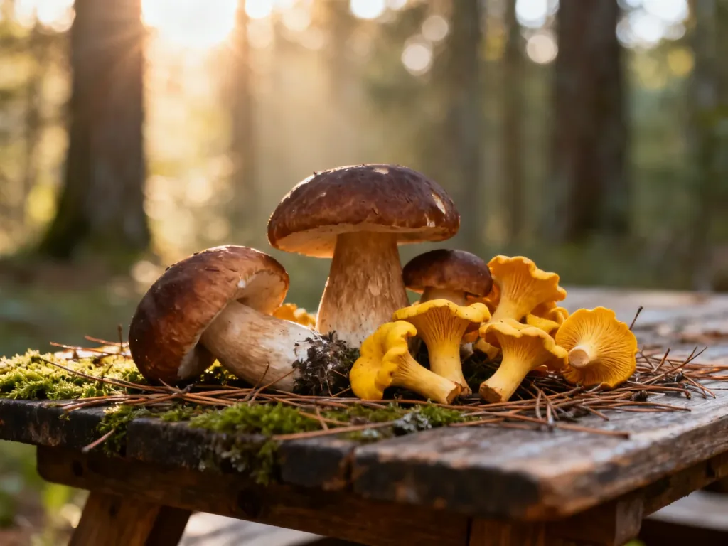Świeże borowiki i kurki ułożone na mchu i drewnie, prezentujące różnorodność popularnych grzybów jadalnych.