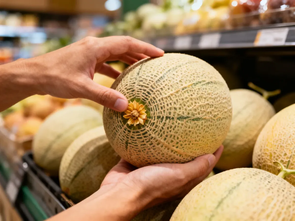 Dojrzały melon sprawdzany przez dotyk i ocenę ciężaru na stoisku z owocami