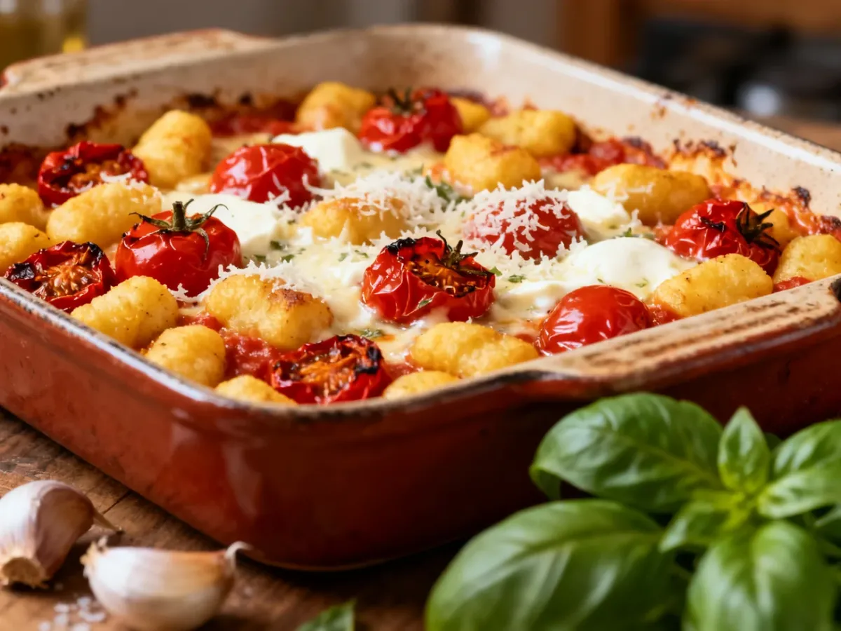 Zapiekane gnocchi z pomidorkami koktajlowymi, mozzarellą i bazylią