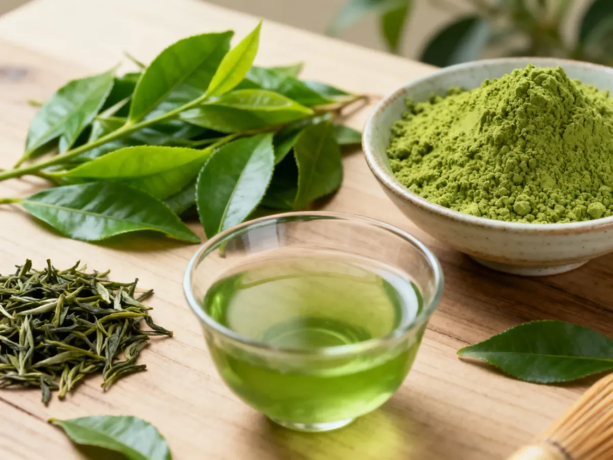 Różne odmiany zielonej herbaty, w tym matcha, na drewnianym stole