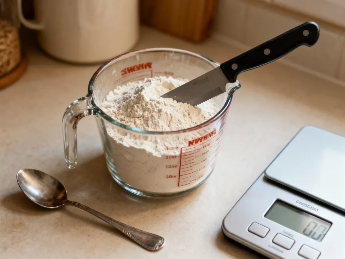 Odmierzanie mąki w szklance i kontrolowanie ilości na wadze kuchennej